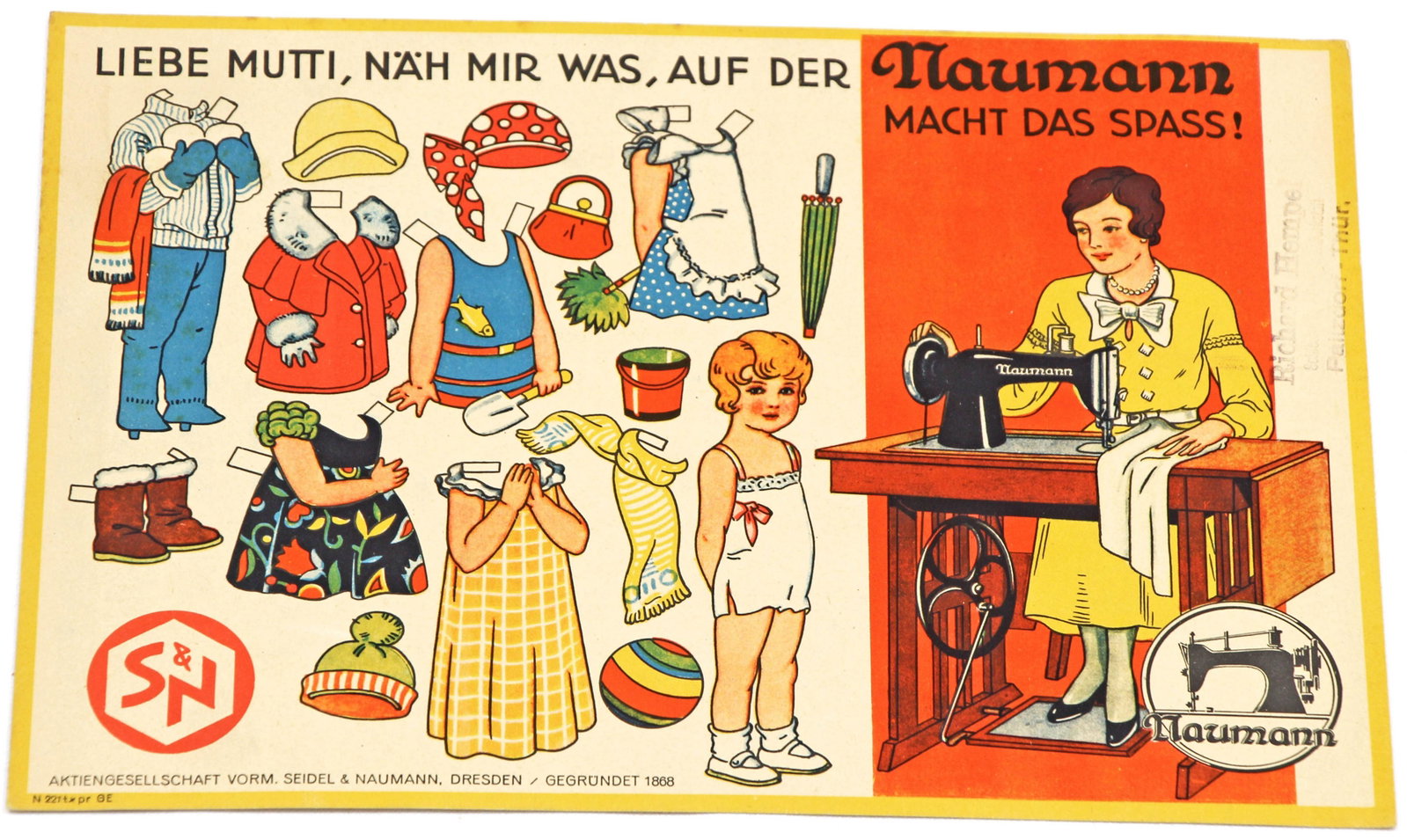 EIGHT VERY EARLY AND RARE ADVERTISING PAPER DOLLS: EIGHT VERY EARLY AND RARE ADVERTISING PAPER DOLLS. One uncut 8" x 11" sheet with one doll and several outfits, advertising for Naumann sewing machine, Dresden/Gegrundet 1868; Four 4" sitting paper dol