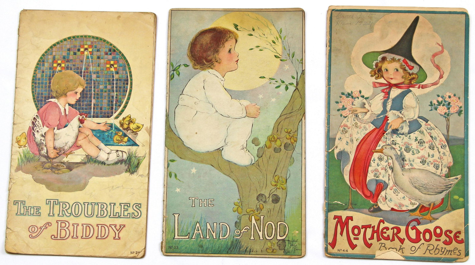 RARE ORIGINAL CHILDREN'S BOOKS, 1917: RARE ORIGINAL CHILDREN'S BOOKS, 1917. Lot includes 3 colored books with drawings by Margaret Evans Price: The Troubles of Biddy, Mother Goose Book of Rhymes, The Land of Nod. Books are stamped and num