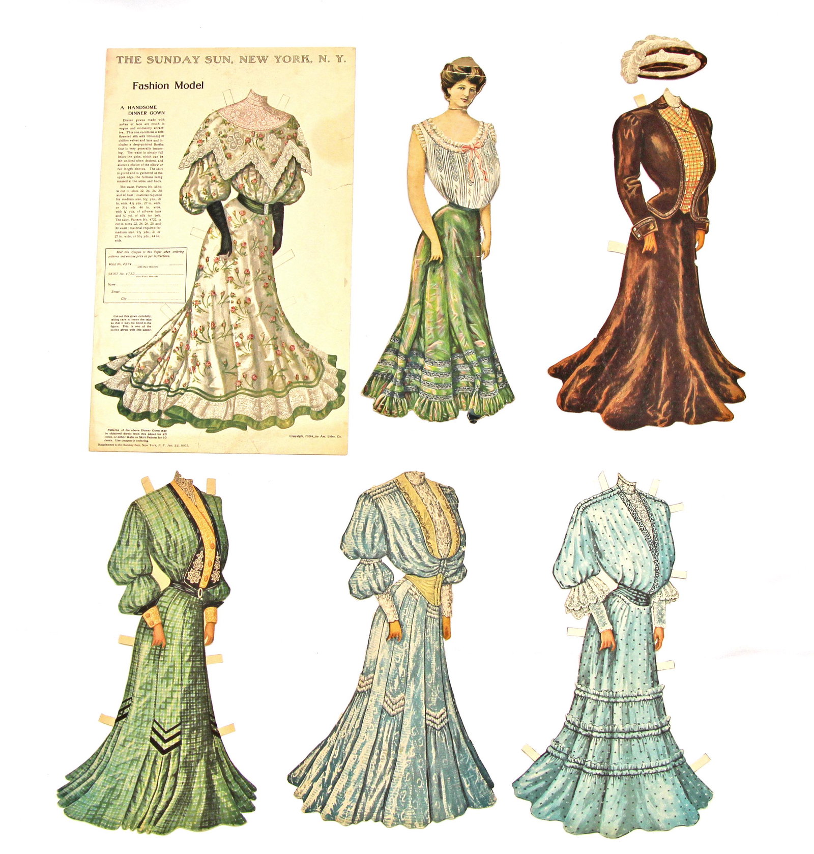 "LADIES OF THE ART SUPPLEMENT" POUPEE MODEL, 1904-1905: "LADIES OF THE ART SUPPLEMENT" POUPEE MODEL, 1904-1905. One 12" paper doll and 12 costumes (4 uncut); The uncut dresses show the title of the publication, the year, and a description of the fashion mo