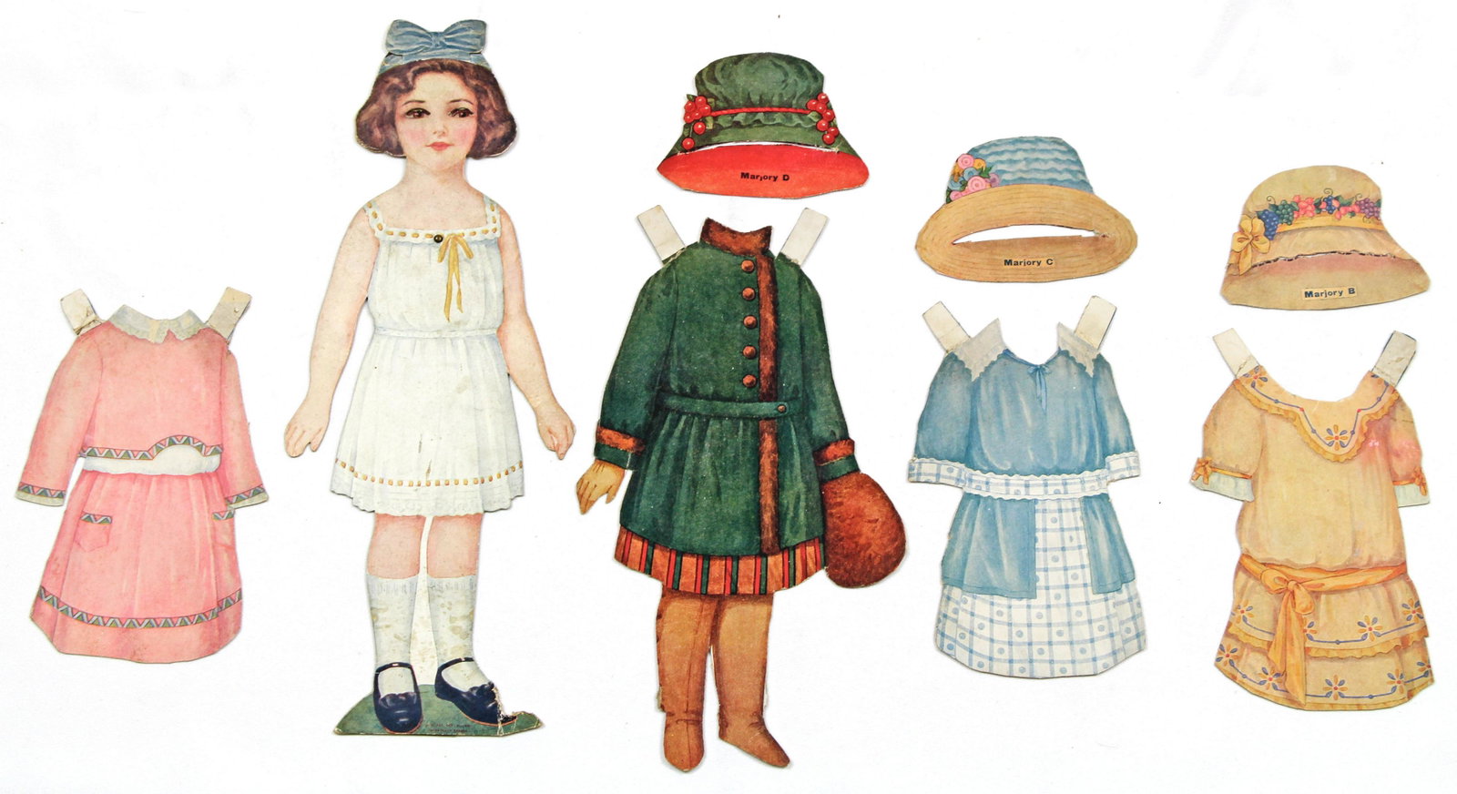 TWO "WIDE AWAKE AND FAST ASLEEP” PAPER DOLLS BY GABRIEL: TWO "WIDE AWAKE AND FAST ASLEEP” PAPER DOLLS BY GABRIEL . Two 12" cardstock dolls: Merry Marjorie and Pretty Polly, with easel-back and sleeping eyes that open and close by pulling and pushing the h