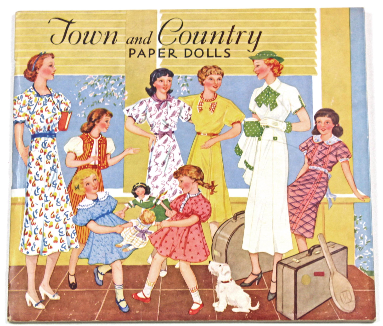 ADVERTISEMENT PAPER DOLLS BOOK BY GABRIEL.: ADVERTISEMENT PAPER DOLLS BOOK BY GABRIEL. 13 1/2" x 11 1/2" uncut book titled Town and Country Paper Dolls with 8 paper dolls and 16 uncut wardrobe pages with a multitude of costumes and accessories,