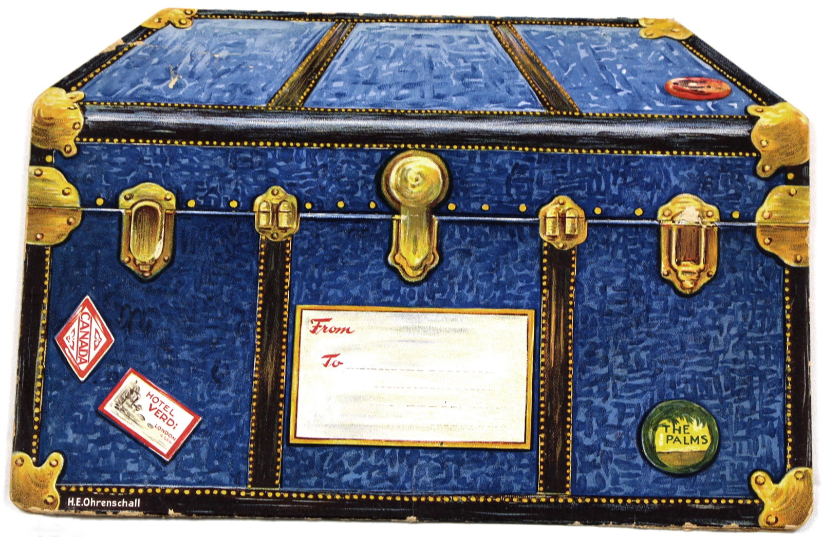 RARE TRAVEL TRUNK WITH PAPER DOLL BY GABRIEL.: RARE TRAVEL TRUNK WITH PAPER DOLL BY GABRIEL. 14" x 9" heavy cardstock trunk titled "Betty is going away to boarding school" with uncut pages containing 9" doll Betty and her six, beautifully designed