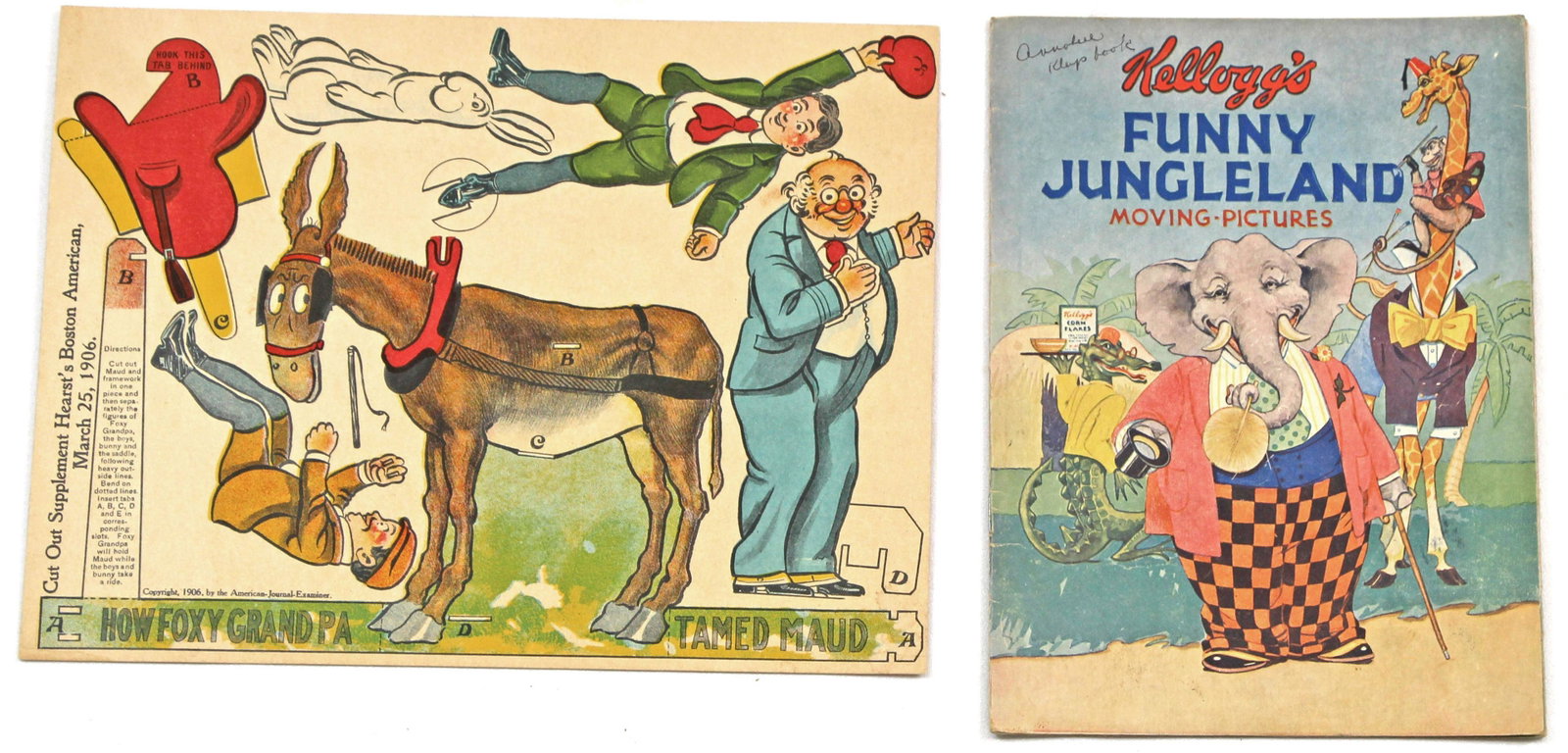 ANIMAL THEME MOVING PICTURE ADVERTISEMENT BOOK AND CUT: ANIMAL THEME MOVING PICTURE ADVERTISEMENT BOOK AND CUT OUT SUPPLEMENT. 8" x 6" Kellogg advertisement book titled "Kellogg's Funny Jungleland Moving-Pictures" with vibrant coloring and clever cut out o