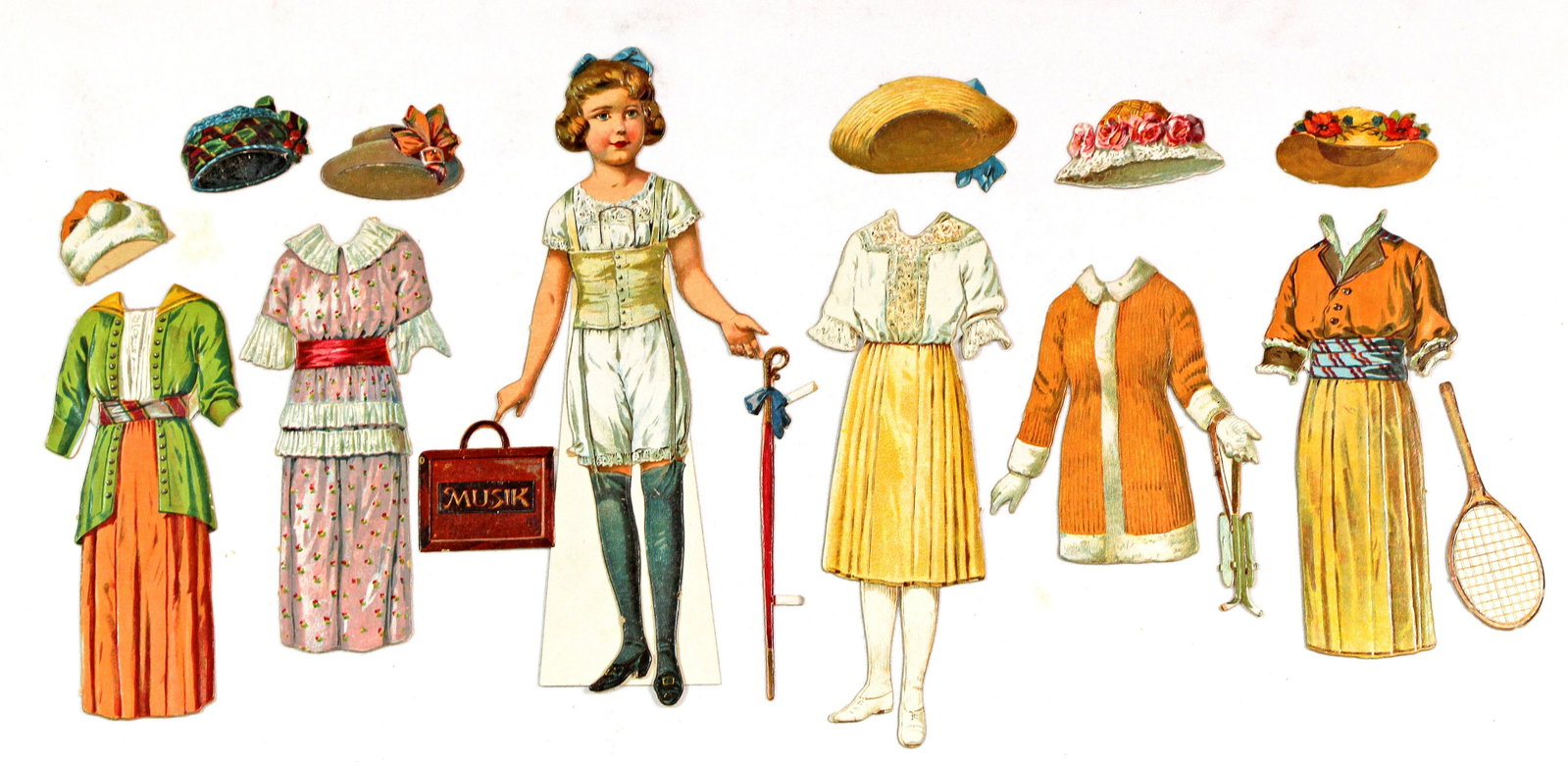 TWO VICTORIAN GERMAN PAPER DOLLS, 1900s: TWO VICTORIAN GERMAN PAPER DOLLS, 1900s. One 8 1/2" blonde with blue bow young woman paper doll has 5 costumes with hats and accessories; One 7" boy paper doll with 3 costumes. Engraved and embossed h