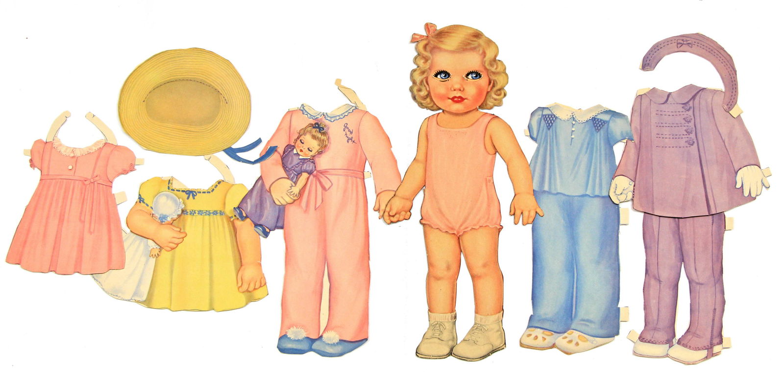 QUEEN HOLDEN SLEEPING DOLLS AND BABY SHOWER BOOK.: QUEEN HOLDEN SLEEPING DOLLS AND BABY SHOWER BOOK. Three paper dolls with eyes that open and close. Two sets of 13 1/2" tall cardstock Judy and her paper outfits and accessories; One set of baby Jack a