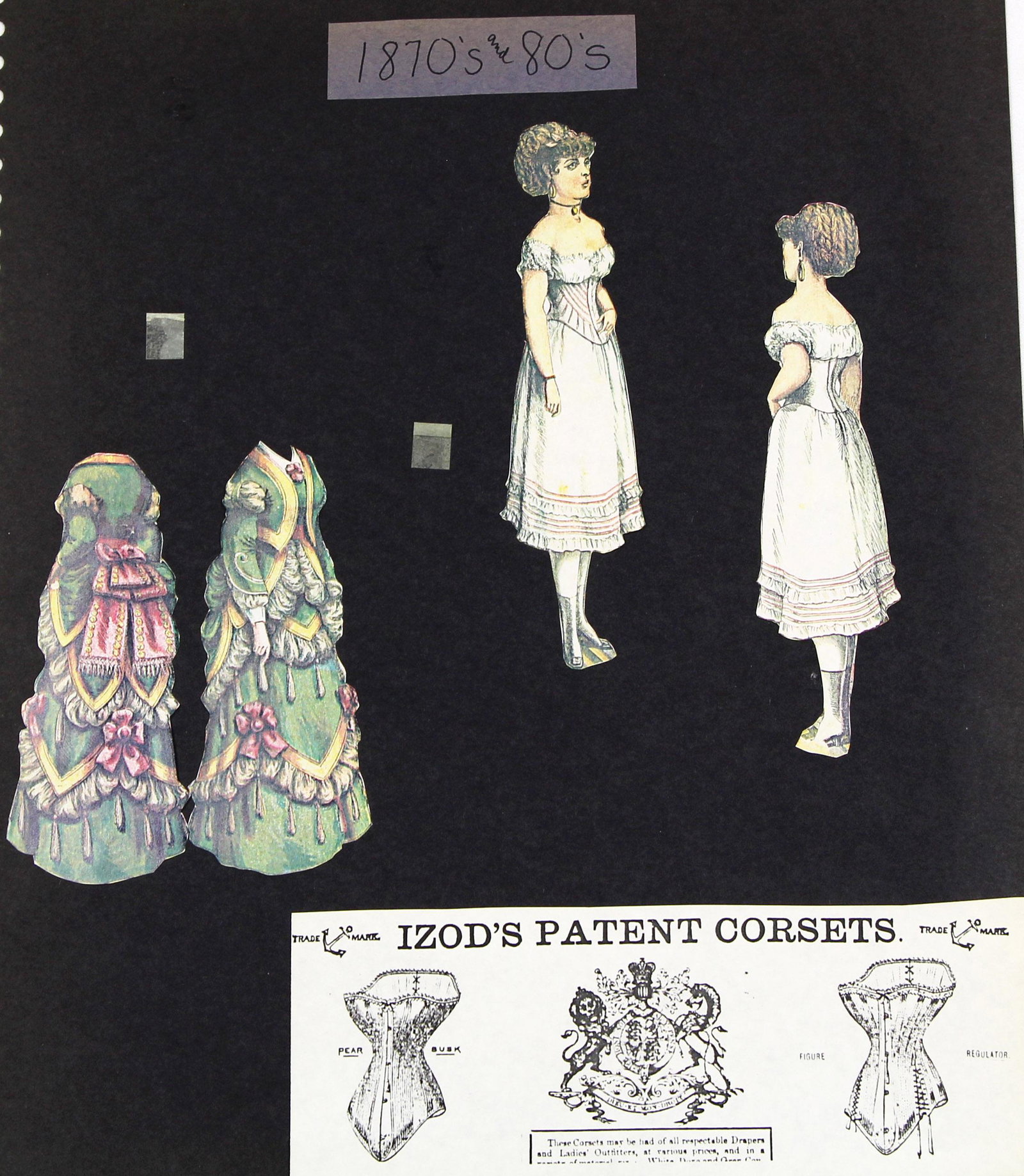 FRENCH ADVERTISING AND PRINT PAPER DOLLS, 1800s: FRENCH ADVERTISING AND PRINT PAPER DOLLS, 1800s. One 8" front and back paper doll with one beautiful front and back dress, advertisement for Izod’s Corsets, 1870s-1880s (per Cynthia Musser’s resea