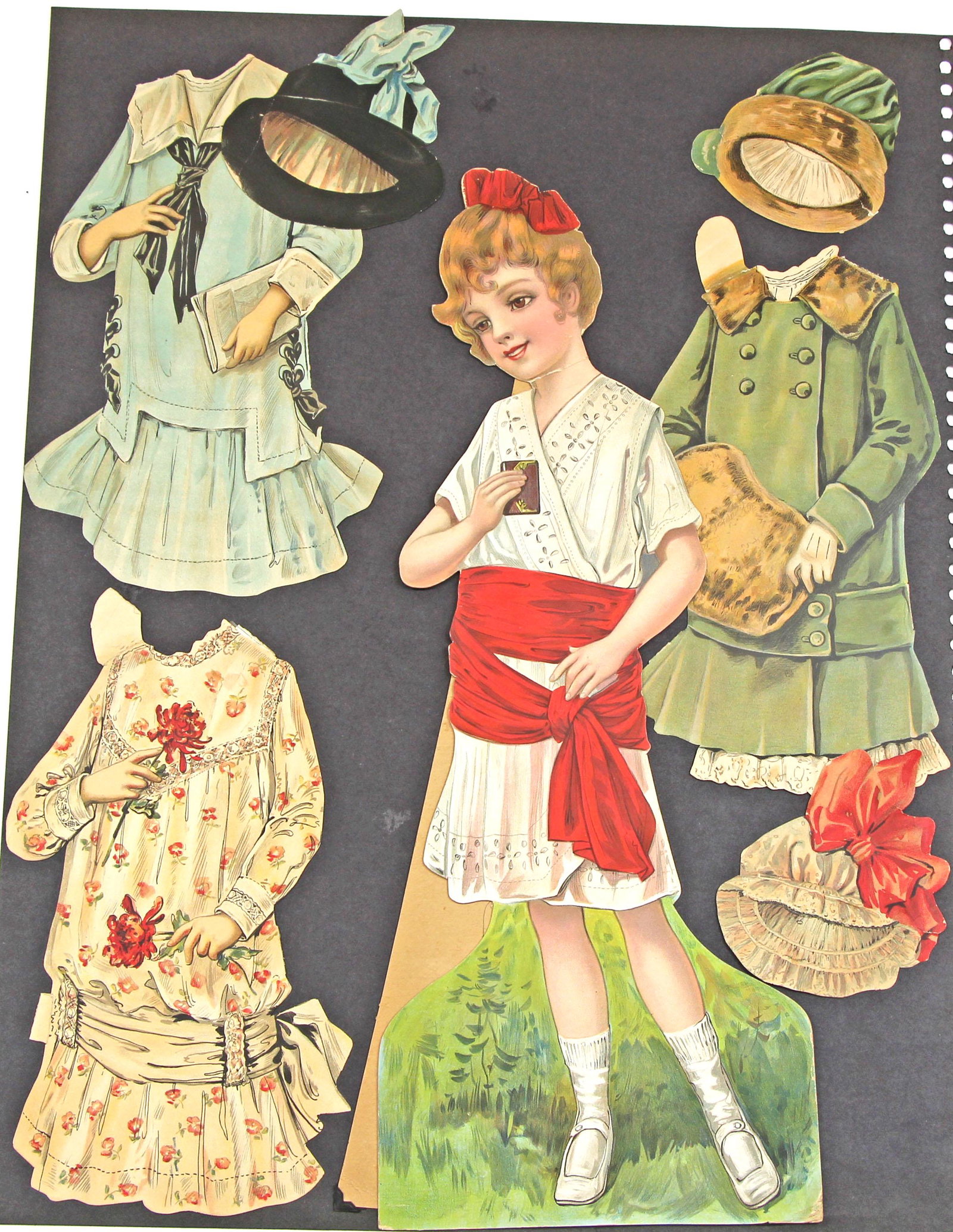 THREE FASHION DRESSING DOLL SETS "JANE", "GRACE",: THREE FASHION DRESSING DOLL SETS "JANE", "GRACE", "PRISCILLA" FROM WOOLWORTH 1915 SERIES. 21" Single-sided cardboard dolls with 3 costumes and 3 hats along with one original (frail) envelope. These ar