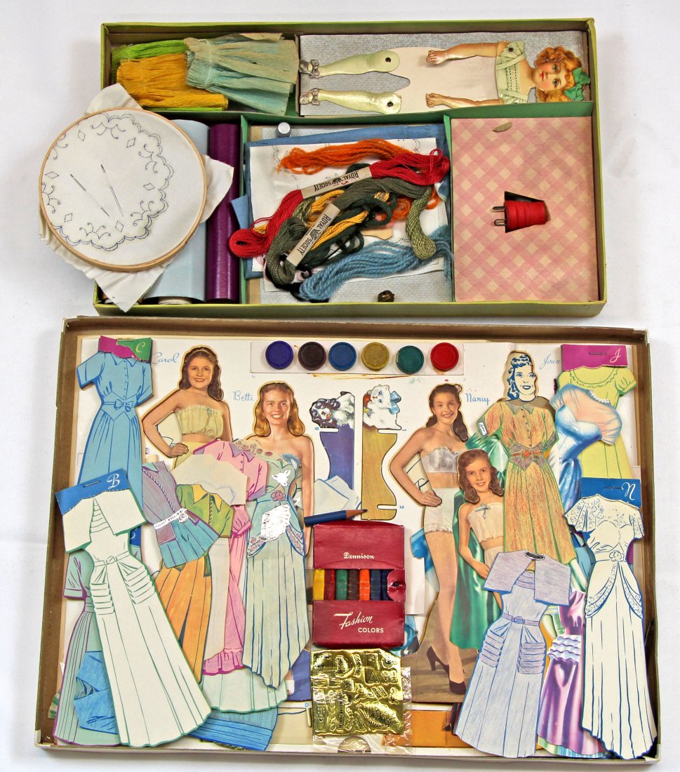 TWO RARE PAPER DOLL DESIGN SETS, 1900s: TWO RARE PAPER DOLL DESIGN SETS, 1900s. Lot includes Dennison's Design-A-Doll Fashion Set no 41 in original 13" x 18" box. Includes 4 paper dolls: Carol, Betti, Nancy, Joan and material for over 100 d