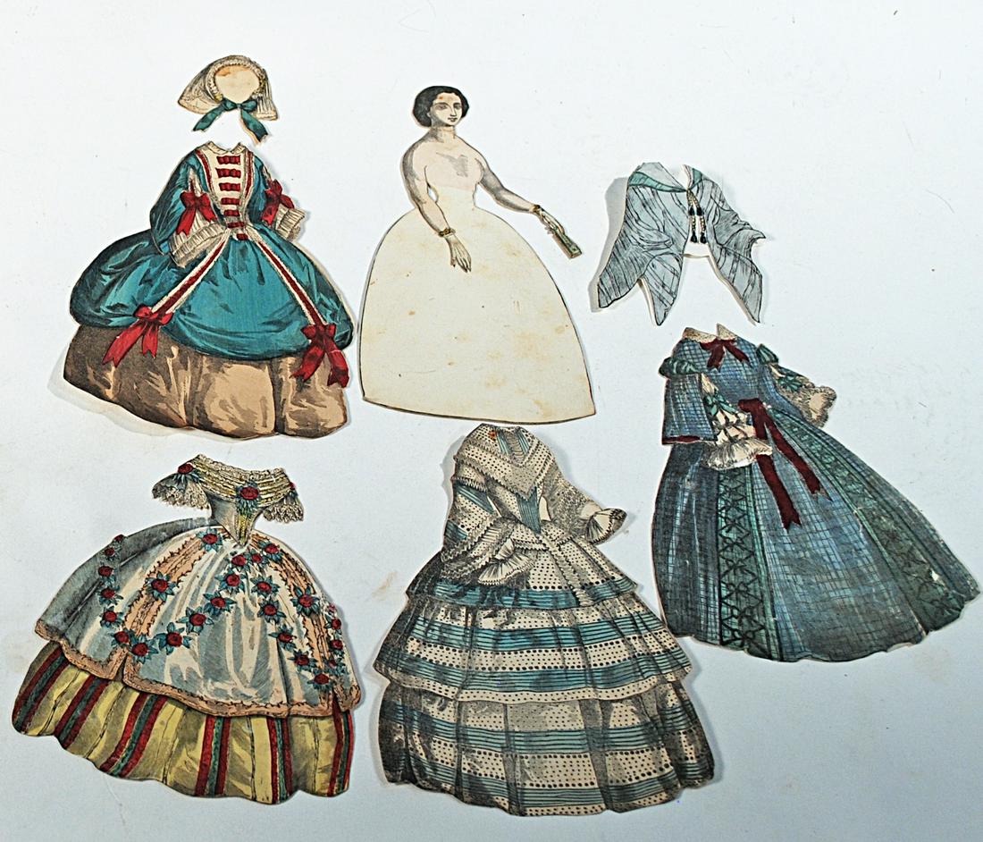 EARLY MCLOUGHLIN PAPER DOLLS "THE AMERICAN LADY": EARLY MCLOUGHLIN PAPER DOLLS "THE AMERICAN LADY". American Lady doll is 6" , posed semi-profile and has four gowns, cape and one bonnet; Commentary: Cut-out; Rarely found dolls by McLoughlin Bros, cir