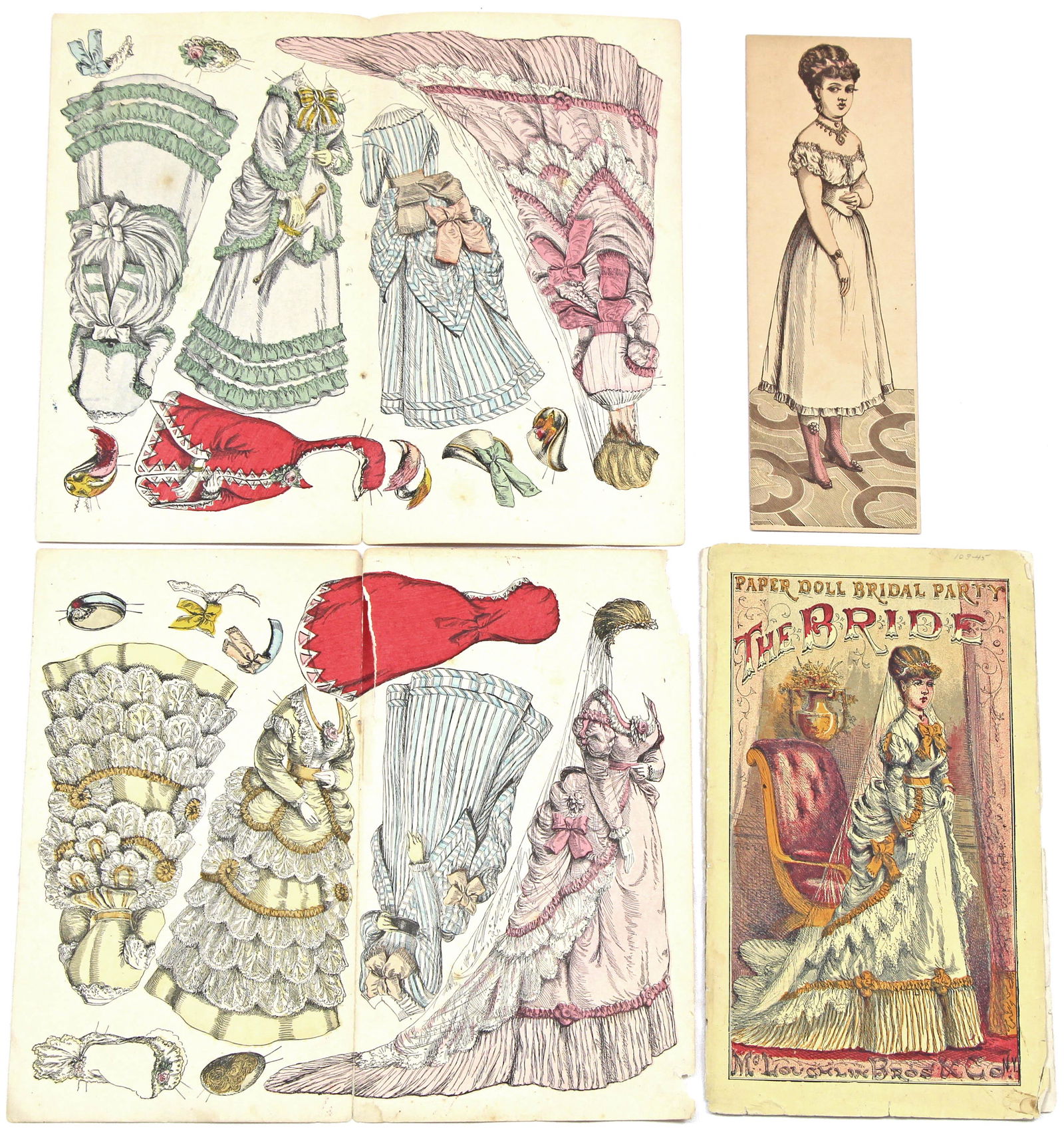 THE BRIDE, THE GROOM, AND GROOMSMAN, SERIES 1, LARGE: THE BRIDE, THE GROOM, AND GROOMSMAN, SERIES 1, LARGE MCLOUGHLIN PAPER DOLLS, 1875-1876. 7 1/2" to 8 1/2" paper dolls with 9" x 5 1/2" envelopes as follows: One uncut "The Bride" with envelope and 5 be