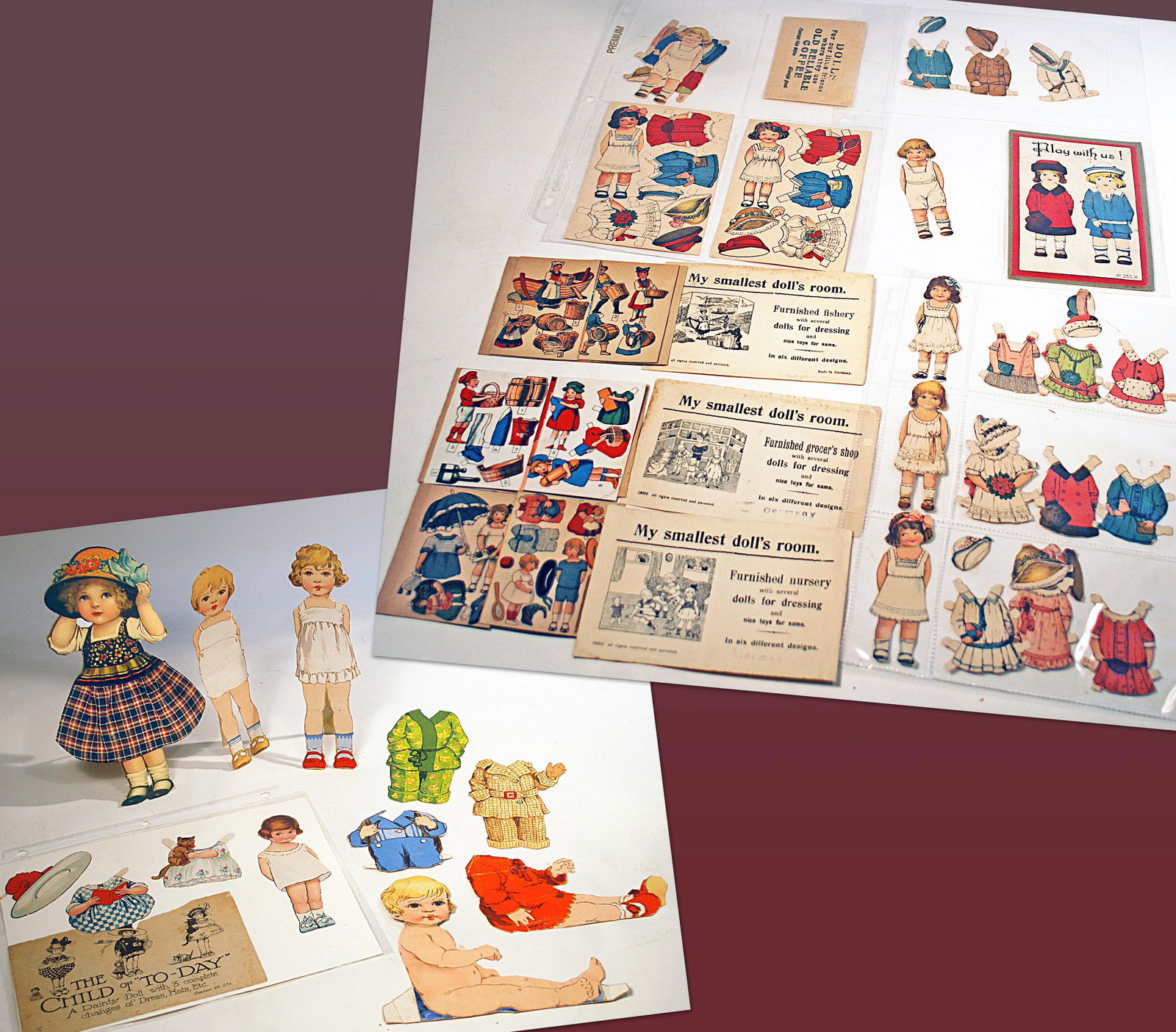 GERMAN PAPER DOLLS BY S & C & OTHERS: GERMAN PAPER DOLLS BY S & C & OTHERS. Includes: 3 1/2" dolls and costumes, cut and uncut; one "Play With Us" booklet; 6" Child of Today doll and costumes, envelope Series No. 251; three envelopes of "