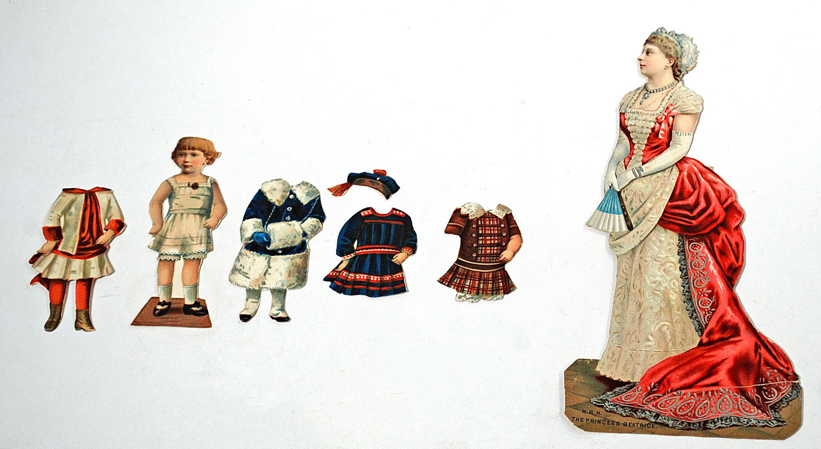SIX GERMAN ROYALTY PAPER DOLLS BY WS&B, 1880s: SIX GERMAN ROYALTY PAPER DOLLS BY WS&B, 1880s. Six famous faces, including Kaiserin Augusta Victoria, prince Frederick Wilhelm, and princess Beatrice. Dolls range in height from 3 1/2" to 7" and most 