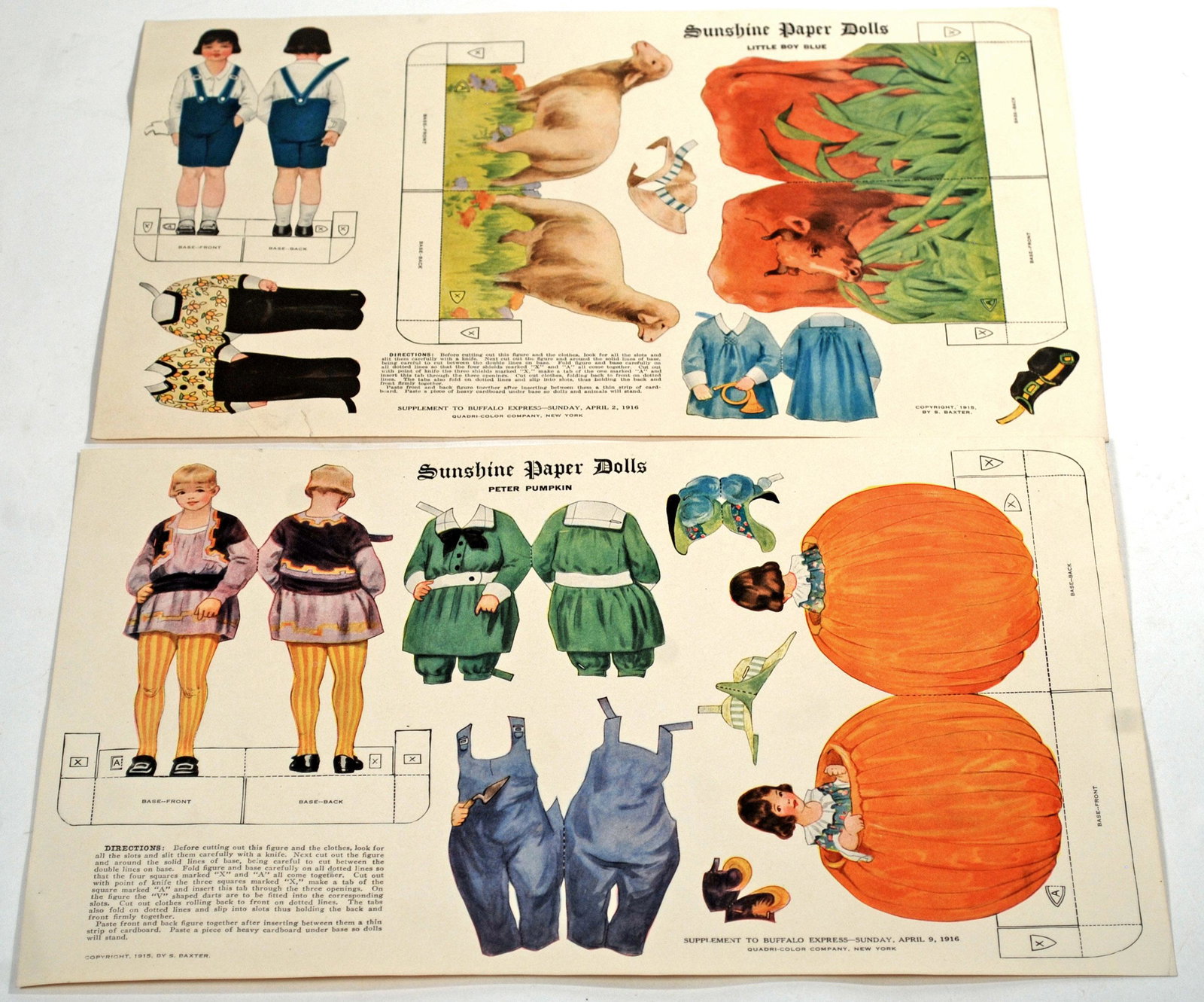 UNCUT 4 SHEETS SUNSHINE PAPER DOLLS, EARLY 1900s: UNCUT 4 SHEETS SUNSHINE PAPER DOLLS, EARLY 1900s. Lot includes Buffalo Express Supplements: Peter Pumpkin with 4 costumes, April 9 2016; Little Boy Blue with 3 costumes and 2 animals, April 2 1916; 2 