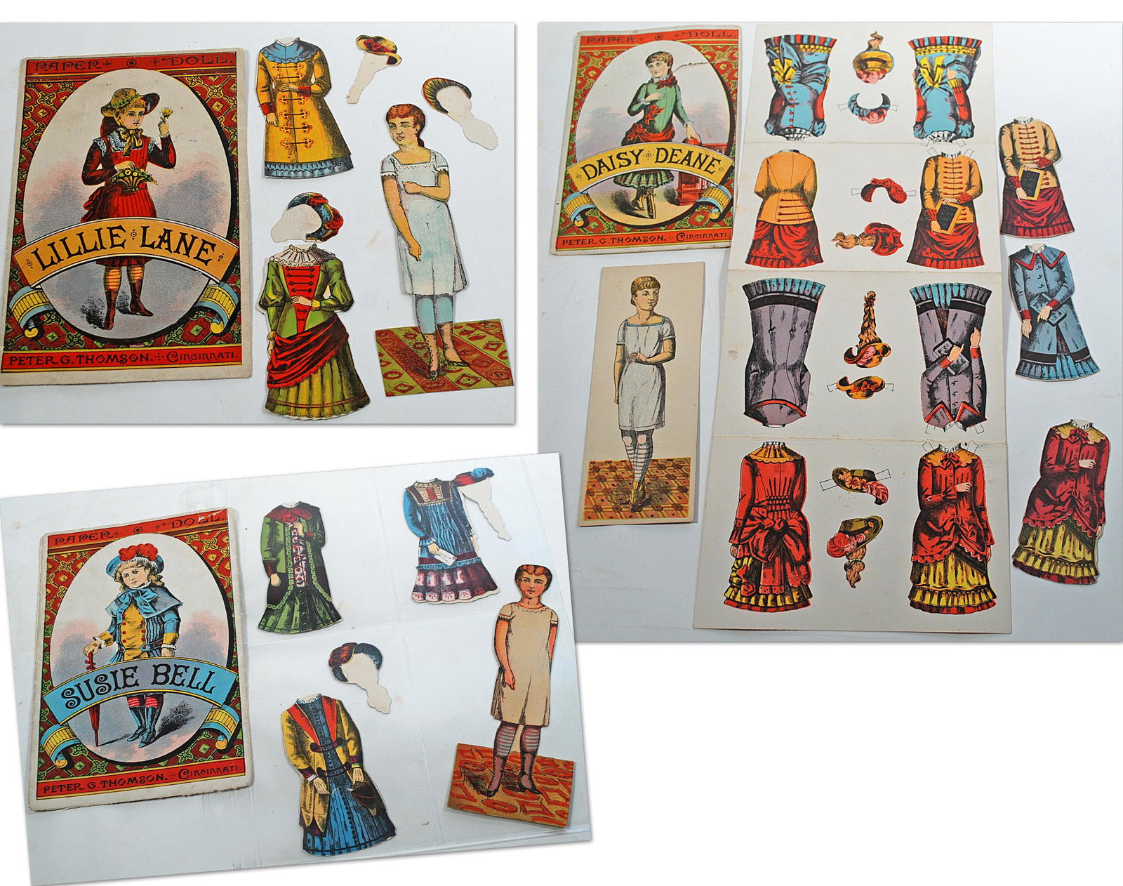 1880 PAPER DOLLS "SUSIE BELL, LILLIE LANE, & DAISY: 1880 PAPER DOLLS "SUSIE BELL, LILLIE LANE, & DAISY DEANE". Each is 6 3/4" two-sided doll. Daisy Deane has four uncut double-sided costumes with hats plus three cut-out costumes, and envelope with illu