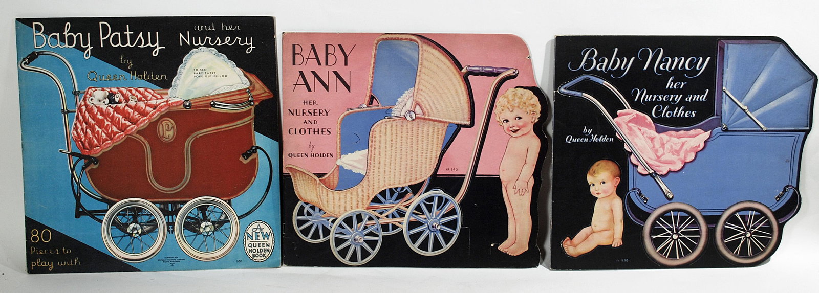 THREE BABY AND NURSERY PAPER DOLL BOOKS BY QUEEN HOLDEN: THREE BABY AND NURSERY PAPER DOLL BOOKS BY QUEEN HOLDEN. Includes Baby Patsy, Baby Ann and Baby Nancy books. Featuring front and back covers and four other pages of punch-out cardboard baby furniture,