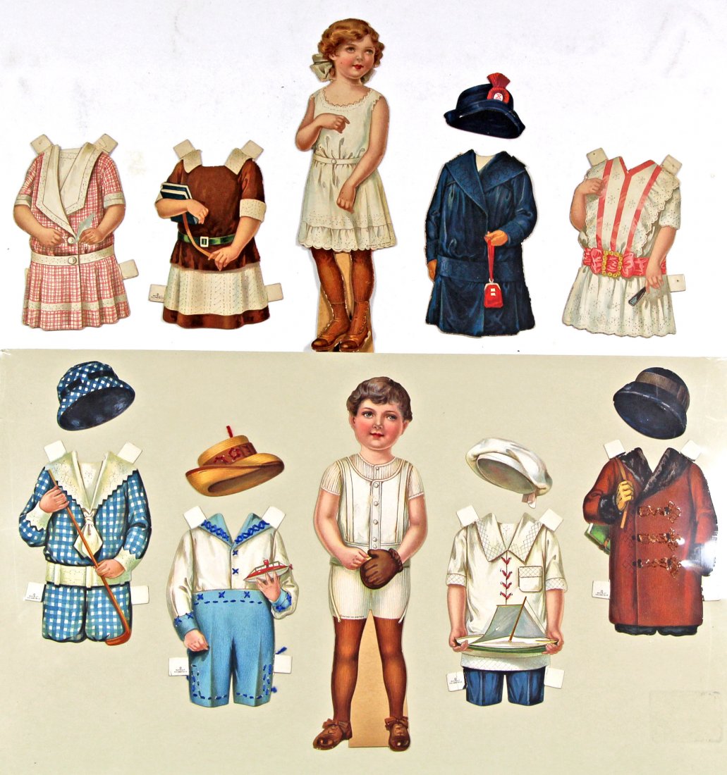 TWO EMBROIDERY PAPER DOLLS FROM KAUFMANN & STRAUSS,: TWO EMBROIDERY PAPER DOLLS FROM KAUFMANN & STRAUSS, 1915. Two 9" dolls with costumes having perforated embroidery pattern on the reverse side indicating how the child might learn to embroider; One dol