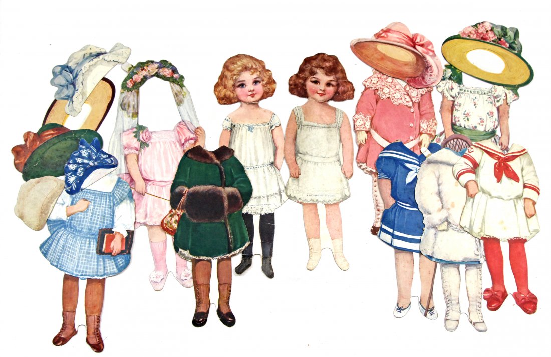LARGE LOT GABRIEL PAPER DOLLS: LARGE LOT GABRIEL PAPER DOLLS. Lot includes two 14" paper dolls, Dolly Delight and Dolly Dear (No 2 and No 1), with their dresses and hats (no envelopes and each doll has bends); And four 4" Dimple Pa
