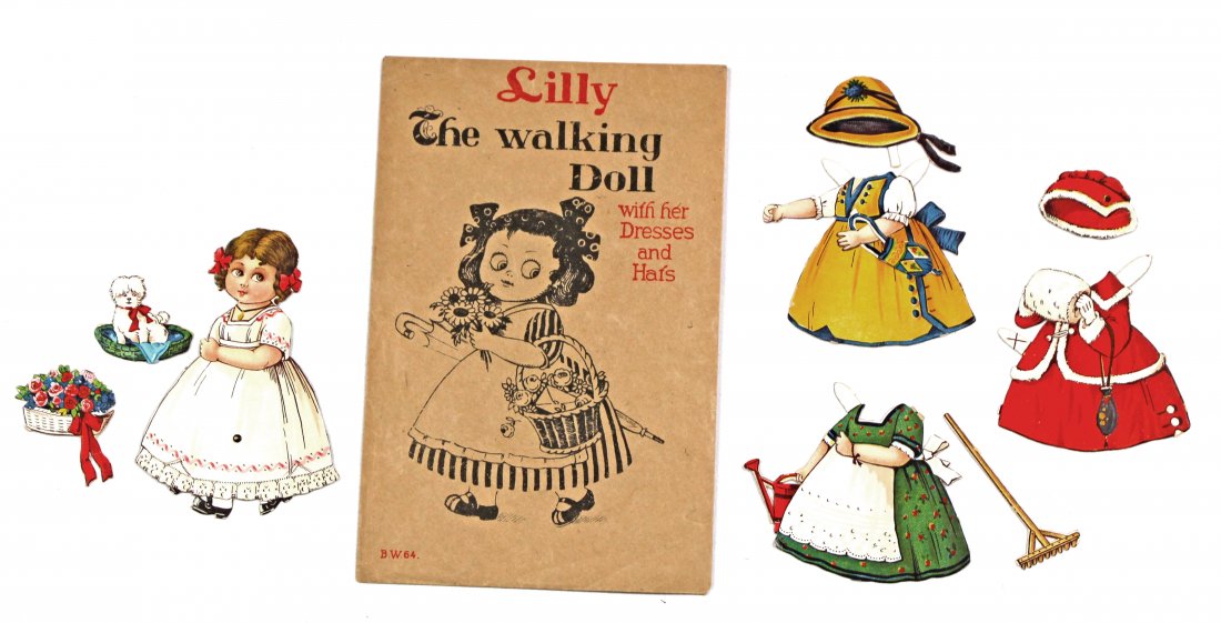 THREE BW PAPER DOLLS: THREE BW PAPER DOLLS. 5" paper dolls. "Lilly The Walking Doll with her Dresses and Hats" has puppy in a basket, envelope (BW 64); "Nancy The Walking Doll with her Dresses and Hats" and envelope (BW 65