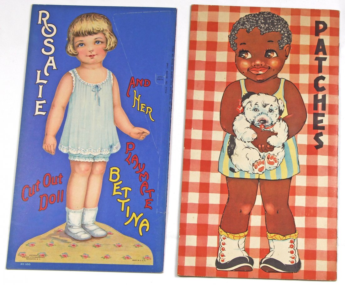 UNCUT PAPER DOLLS BOOK AND WALKING FAMILY: UNCUT PAPER DOLLS BOOK AND WALKING FAMILY. Approx. 18" X 10" books: Petunia Patches, paper doll book designed by Betty Bell Rea, has one 2 punch out dolls (one with cat on front cover and one with dog