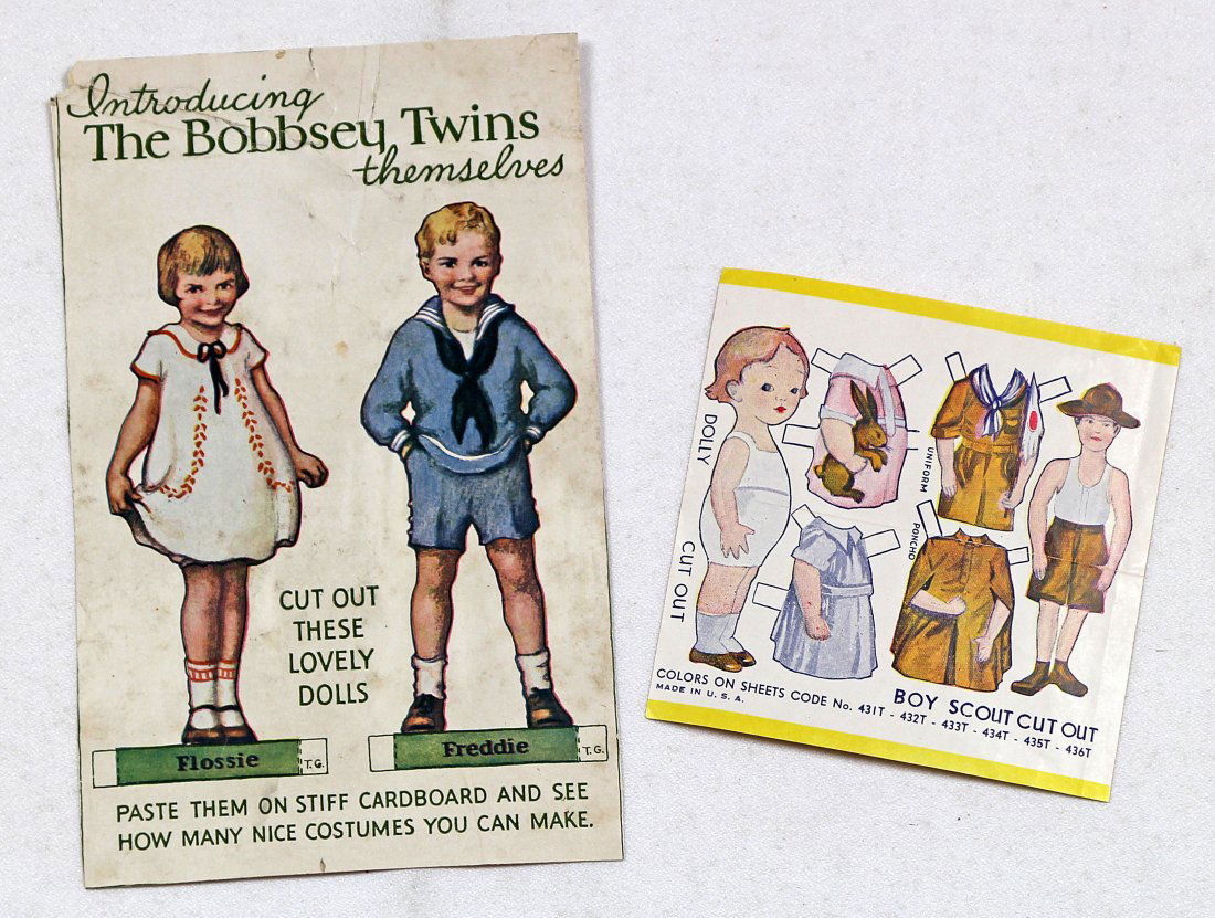 FIVE PAPER DOLLS: FIVE PAPER DOLLS. Uncut 7 1/4" x 5" sheet with Bobsey Twins: Flossie and Freddie; Uncut 4" x 4" sheet with Dolly and Boy Scout, with two costumes each; And 9" Jack from Cuddly Dolls with four costumes
