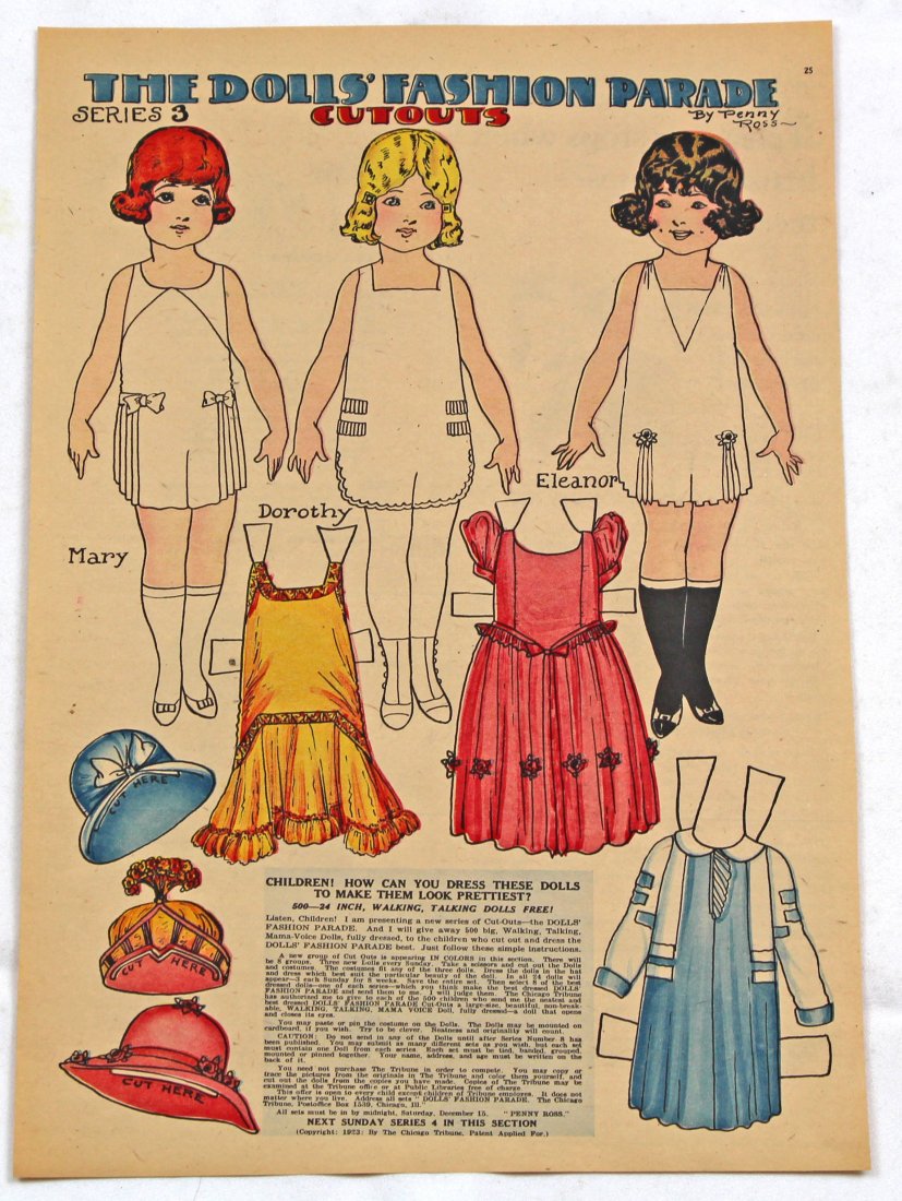 THREE NEWSPAPER/MAGAZINE PRINTS WITH PAPER DOLLS, 1900s: THREE NEWSPAPER/MAGAZINE PRINTS WITH PAPER DOLLS, 1900s. One 6" x 11" sheet with Janey Gaynor paper doll and one costume, from Mobile Alabama Press, August 12, 1931; One 10 1/2" x 15 1/4" page with 3 