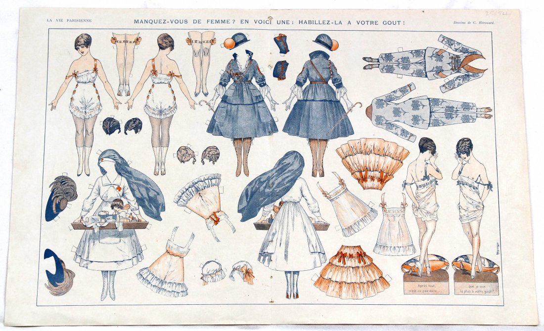 FRENCH MAGAZINE PAPER DOLLS: FRENCH MAGAZINE PAPER DOLLS. One 13" x 20 1/2" La Vie Parisienne center fold with two 6" front and back paper dolls and their costumes, designed by G. Herouard; La Vie Parisienne, June 17, 1916, pages