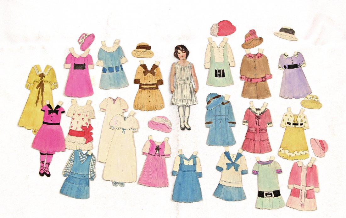 DENNISON’S DOLL HOUSE AND ADVERTISMENT PAPER DOLLS.: DENNISON’S DOLL HOUSE AND ADVERTISMENT PAPER DOLLS. Two 5 1/2" paper dolls: Eleanor Vernon and Margery Gaston, advertisement for Sunshine Biscuits and their costumes; And, Dennison’s Doll House Ou