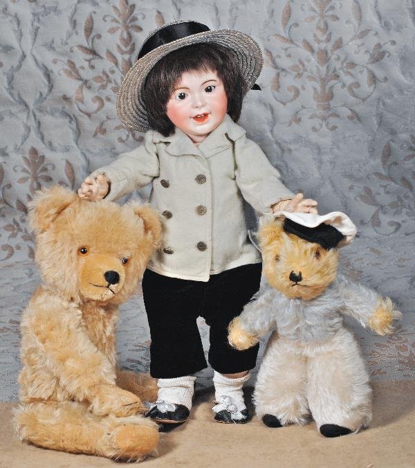 FRENCH BISQUE "LAUGHING JUMEAU" TODDLER BY S.F.B.: FRENCH BISQUE "LAUGHING JUMEAU" TODDLER BY S.F.B.J. Marks: SFBJ 236 Paris. 19". Bisque socket head, brown sleep eyes, painted lower lashes, feathered brows, open/closed mouth, modeled detail and upper