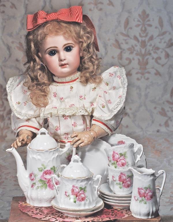 FRENCH BISQUE BEBE BY JUMEAU. Marks: Tete Jumeau: FRENCH BISQUE BEBE BY JUMEAU. Marks: Tete Jumeau bte., sgdg. 23". Bisque socket head, blue paperweight eyes, painted lashes, eyeliner, feathered and brushstroked brows, pierced ears, closed mouth, thi