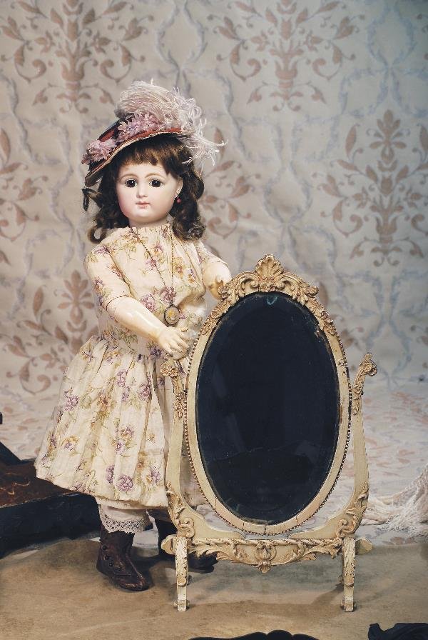 FRENCH BISQUE BEBE BY RABERY & DELPHIEU. Marks:: FRENCH BISQUE BEBE BY RABERY & DELPHIEU. Marks: R 1 D. 20". Bisque socket head, brown paperweight eyes, painted lashes, eyeliner, feathered and brushstroked brows, pierced ears, closed mouth, shaded a