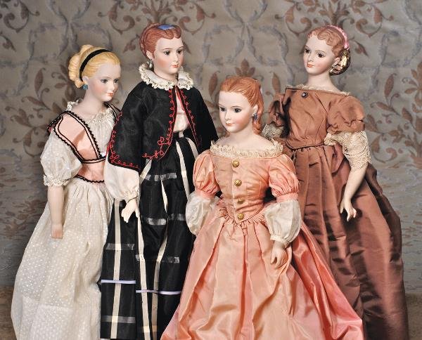 SET OF AMERICAN ARTIST DOLLS "LITTLE WOMEN" BY M: SET OF AMERICAN ARTIST DOLLS "LITTLE WOMEN" BY MARTHA THOMPSON. Marks: (Name on doll) MDT ' 53. 18".Includes four dolls; each having bisque shoulderhead portrait faceof a young lady with molded elabor