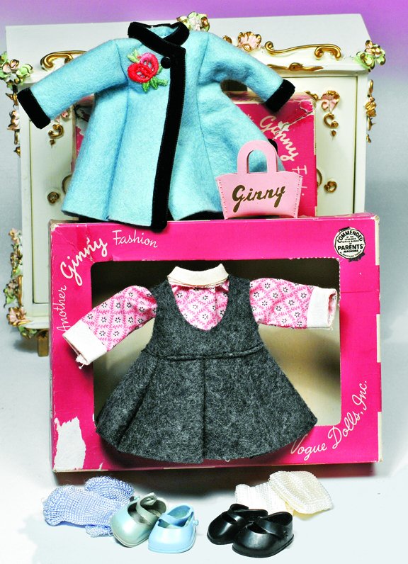 TWO 1950'S VOGUE GINNY OUTFITS. Includes: blue f: TWO 1950'S VOGUE GINNY OUTFITS. Includes: blue felt coat with black velvet trim black velvet headband, blue socks and blue vinyl shoes; Gray wool jumper over pink cotton print blouse with attached pan