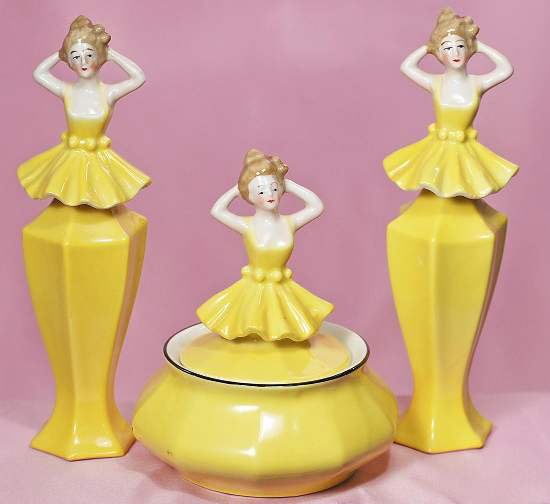 GERMAN THREE-PIECE FIGURAL PORCELAIN DRESSER SET. (1 of 1)