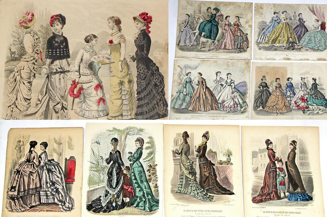 LARGE FOLIO OF HAND-COLORED FASHION ENGRAVINGS. 12” x (1 of 1)