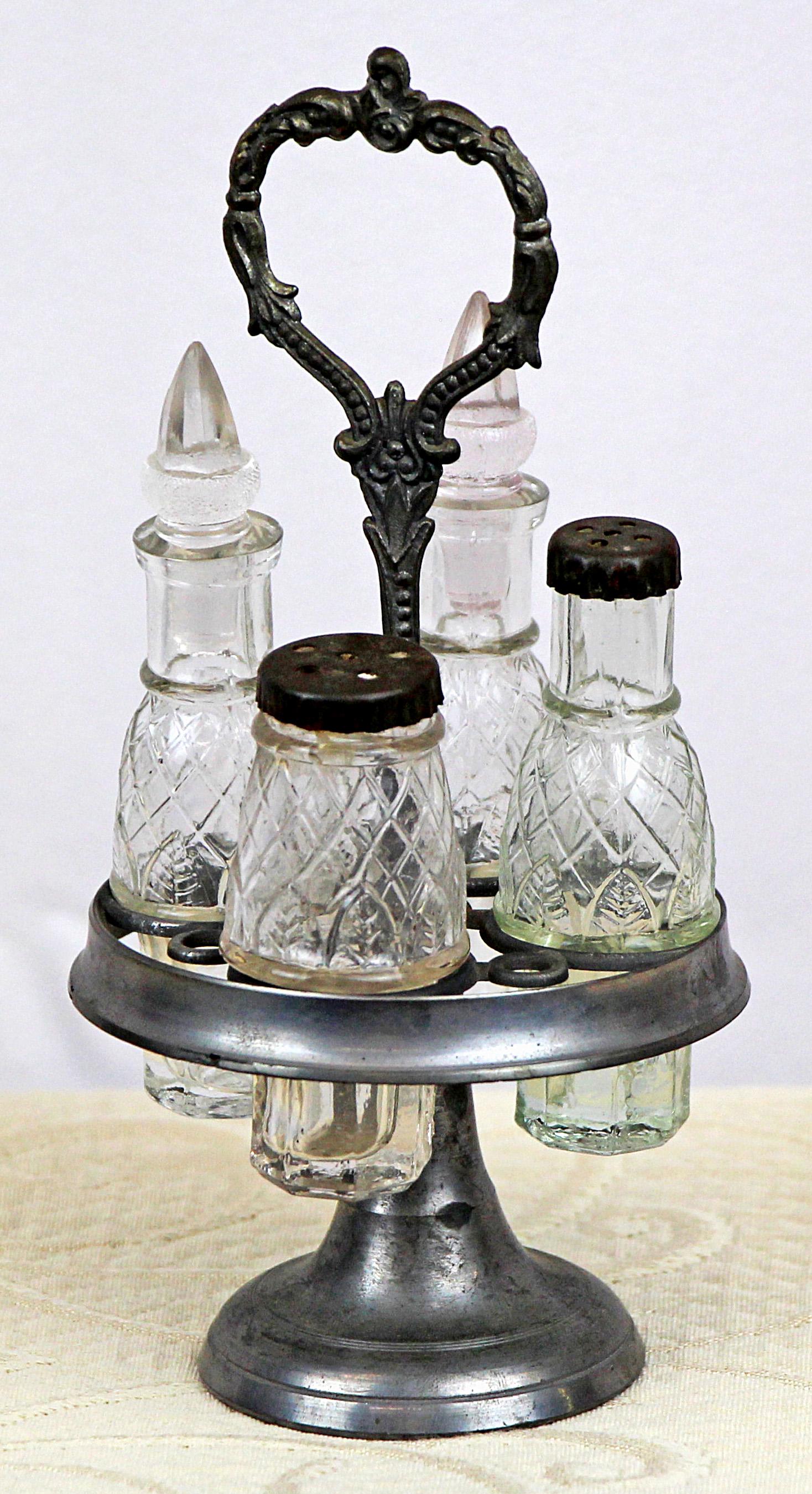 PEWTER CRUET SET WITH PRESSED GLASS BOTTLES (1 of 1)