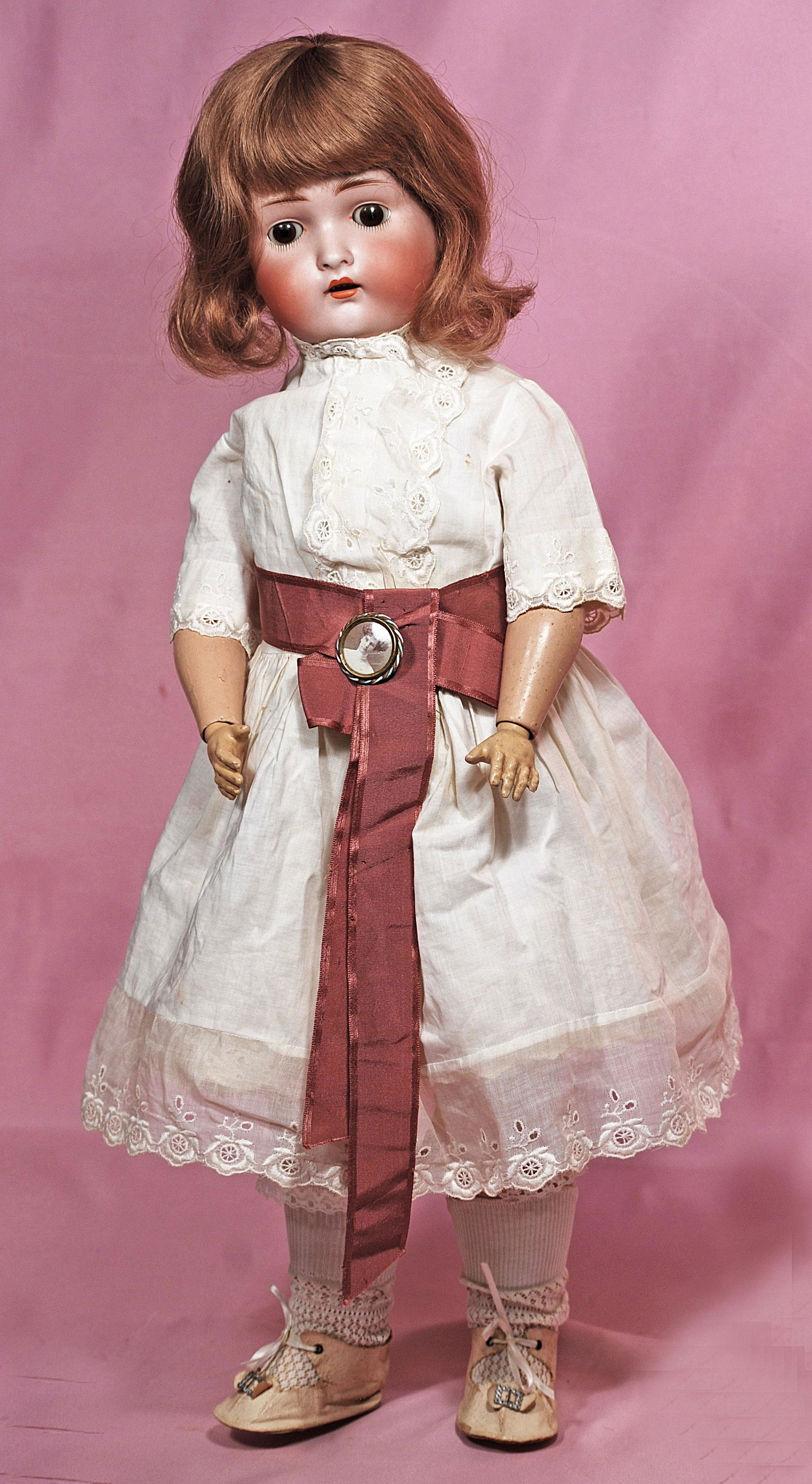 GERMAN BISQUE DOLL BY ALT, BECK & GOTTSCHALCK: GERMAN BISQUE DOLL BY ALT, BECK & GOTTSCHALCK. Marks: 136/9. 23". Bisque socket head, brown sleep eyes, painted lower lashes, feathered brows, open mouth, accented lips, upper teeth, pierced ears, bro