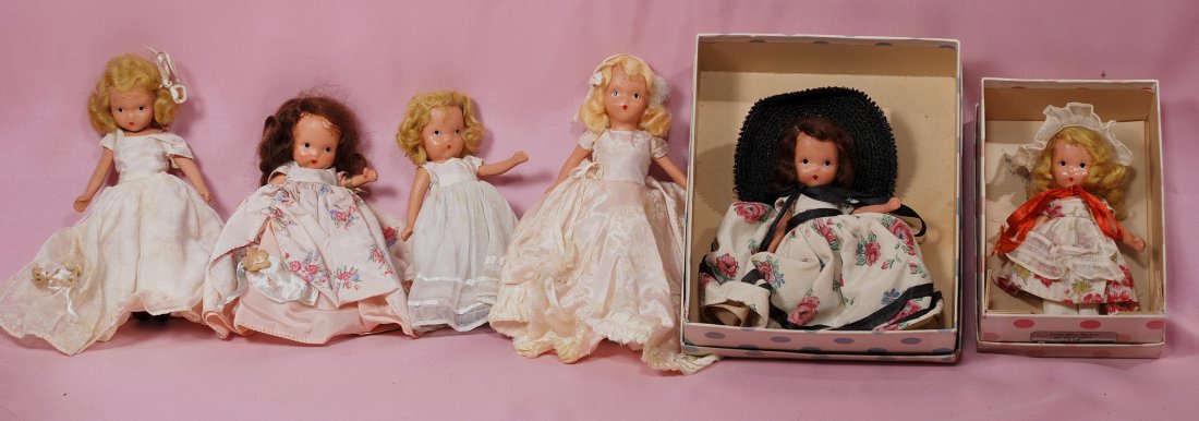 SIX NANCY ANN STORYBOOK BISQUE DOLLS: SIX NANCY ANN STORYBOOK BISQUE DOLLS. 5" to 6 1/2". Each is painted bisque, jointed shoulders, painted features, original wig. Includes: Little Miss Muffet and American Girl Southern Belle in original