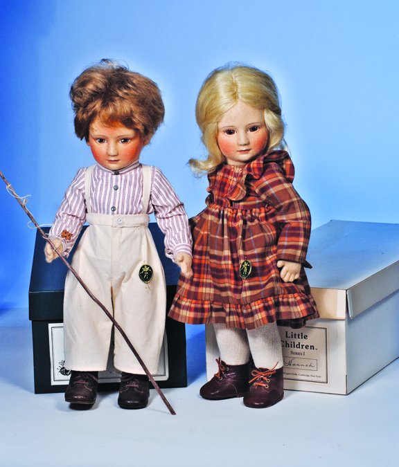 R.JOHN WRIGHT CHARACTER DOLL "TAD". 17". Little C: R.JOHN WRIGHT CHARACTER DOLL "TAD". 17". Little Children, Series I, circa 1981-1984. All felt, swivel head, jointed shoulders and hips, painted features, mohair wig, labeled cotton outfit, leather sho