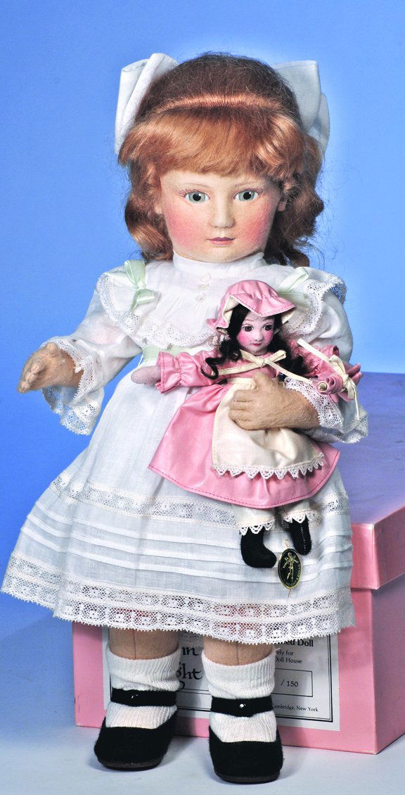 R.JOHN WRIGHT CHARACTER "EMILY & THE ENCHANTED DOLL: R.JOHN WRIGHT CHARACTER "EMILY & THE ENCHANTED DOLL". 18". All felt, swivel head, jointed shoulders and hips, painted features, mohair wig, labeled white cotton dress, black felt shoes, holds miniatur