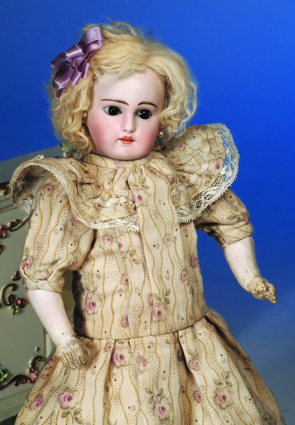 SONNEBURG FRENCH-TYPE BELTON BISQUE DOLL. Marks: : SONNEBURG FRENCH-TYPE BELTON BISQUE DOLL. Marks: 4. 12". Bisque socket head, flat on top with two stringing holes, inset brown glass eyes, painted lashes, finely feathered brows, pierced-in ears, clos