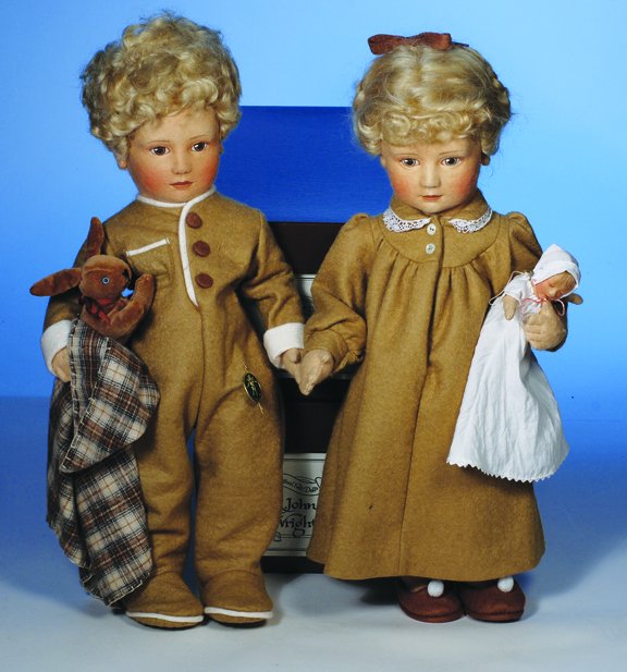 R. JOHN WRIGHT "MICHAEL & LINDSAY". 17". All-fel: R. JOHN WRIGHT "MICHAEL & LINDSAY". 17". All-felt, fully-jointed, mohair wig, painted features, felt and cotton costume, felt slippers, Michael with blanket and velveteen rabbit, Lindsay with felt bab
