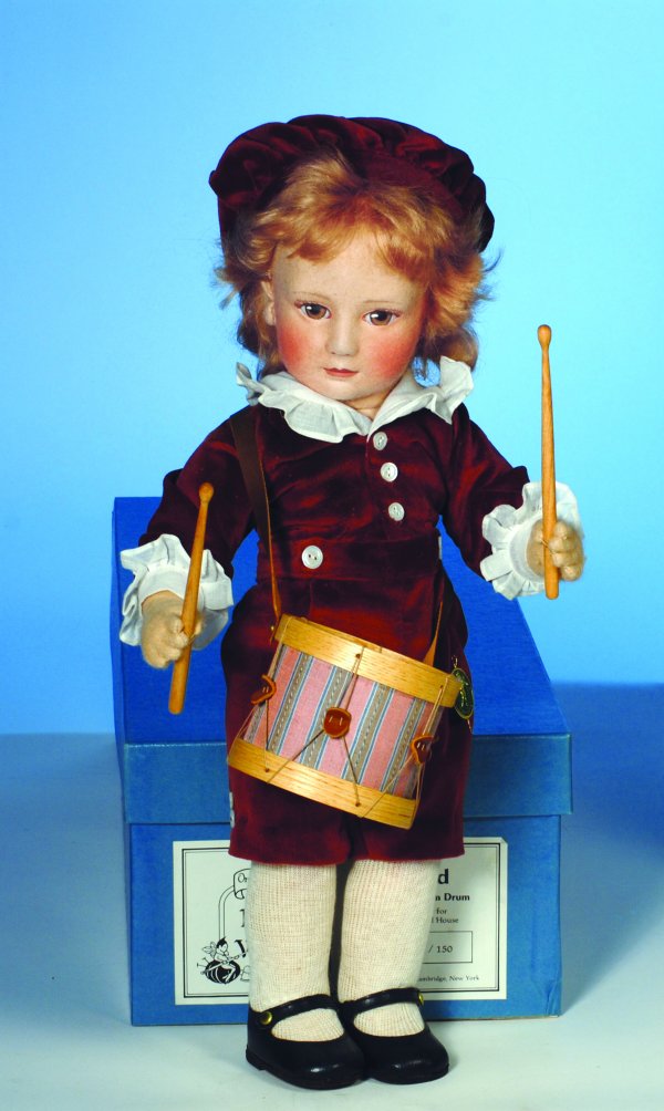 R. JOHN WRIGHT "EDWARED & HIS RUM-A-TUM DRUM". 17: R. JOHN WRIGHT "EDWARED & HIS RUM-A-TUM DRUM". 17". All-felt, fully-jointed, mohair wig, painted features, velvet costume, leather shoes, drum with leather strap, wooden drum sticks. Commentary: Circa