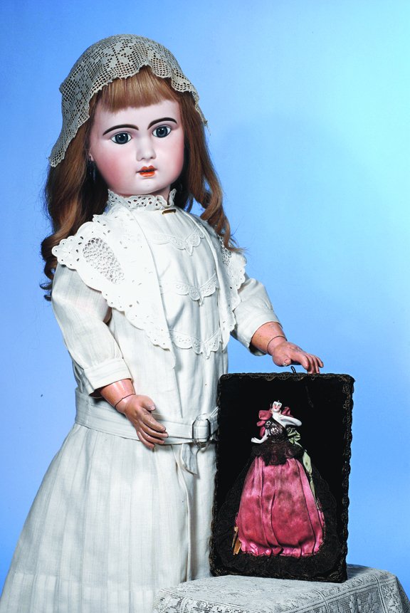 BEAUTIFUL LARGE BEBE BY JUMEAU. Marks: 15. 34".: BEAUTIFUL LARGE BEBE BY JUMEAU. Marks: 15. 34". Bisque socket head, blue paperweight eyes, painted lashes, eyeliner, feathered and brushstroked brows, pierced ears, open mouth, shaded and accented lip