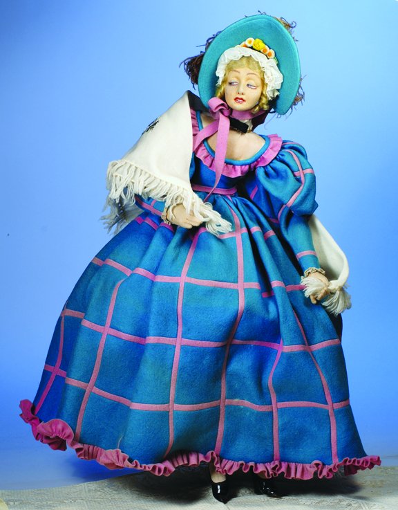 ALL-ORIGINAL LENCI LONG-LIMBED LADY DOLL. 27". P: ALL-ORIGINAL LENCI LONG-LIMBED LADY DOLL. 27". Pressed felt swivel head on felt body with long slender limbs, jointed shoulders and hips, painted features, downward and side-glancing blue eyes, molded