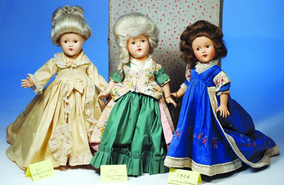 EFFANBEE 1804 LOUISIANA PURCHASE. Blue eyes, styl: EFFANBEE 1804 LOUISIANA PURCHASE. Blue eyes, styled brown wig, royal blue cotton gown with elaborate embroidery, gathered white trim, high waist and long train, petticoat and pantaloons, white leather