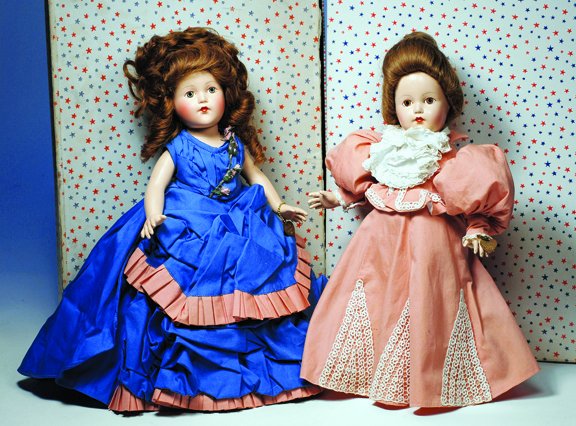 EFFANBEE 1896 UNITY OF NATION ESTABLISHED. Brown: EFFANBEE 1896 UNITY OF NATION ESTABLISHED. Brown eyes, brown wig pulled into bun, two piece gown of peach cotton with gored skirt, short jacket with leg-of-mutton sleeves, peplum, extensive lace trim,