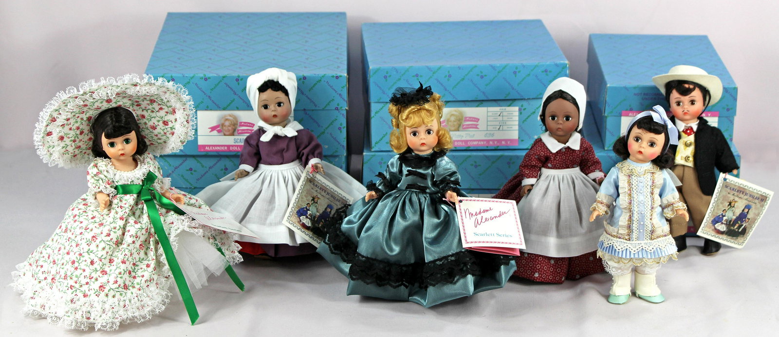 SIX "GONE WITH THE WIND" ALEXANDER DOLLS: SIX "GONE WITH THE WIND" ALEXANDER DOLLS. 8". Aunt Pitty Pat - 636, blonde hair, blue eyes; Scarlett - 627, brown hair, green eyes; Mammy – 402, black hair, black eyes; Prissy – 630, black eyes, b