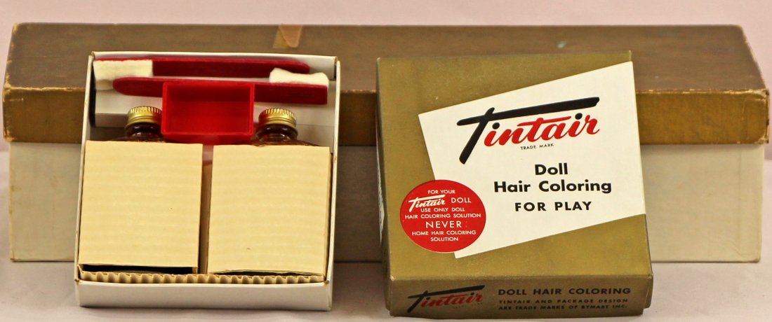 TINTAIR WITH HAIR COLORING SET: TINTAIR WITH HAIR COLORING SET. 5" x 5" x 1" box with original doll hair coloring set specially made for Effanbee doll, and original doll box (no doll); Made in USA . Never used.