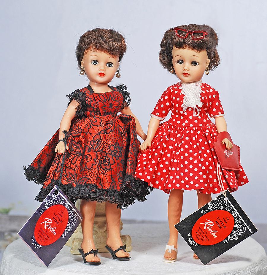TWO IDEAL LITTLE MISS REVLON: TWO IDEAL LITTLE MISS REVLON. 10 ½”. Marks: Ideal Doll 10 ½ VT. Each is vinyl socket head, lady body, swivel waist, sleep eyes, molded lashes, brunette hair, and original wrist booklet; one in cos