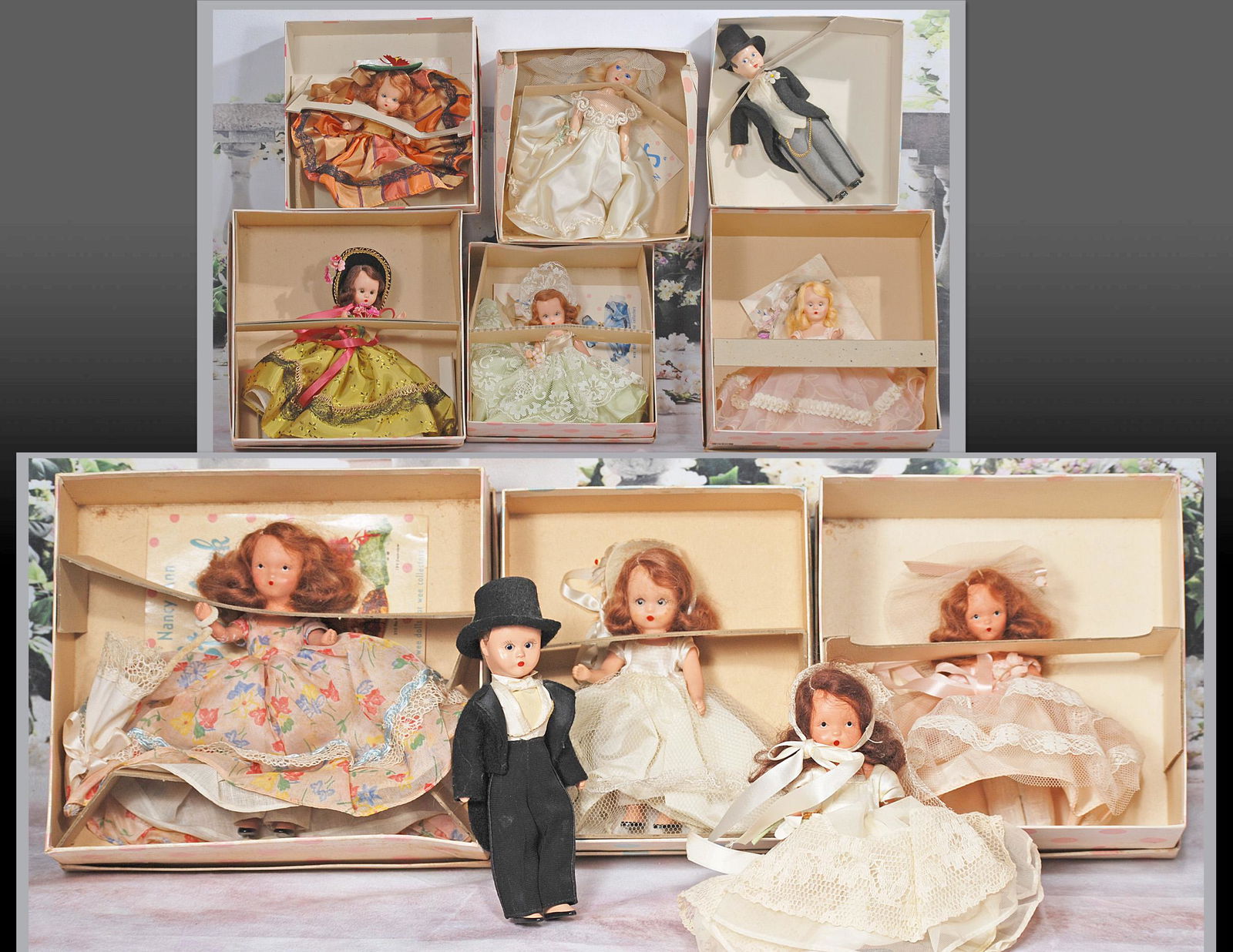 TWO BISQUE AND NINE PLASTIC  NANCY ANN STORYBOOK DOLLS (1 of 3)